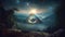 Pyramid with an opening Third Eye and golden light, lucid dreaming. Generative AI