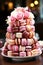 pyramid of pink and white macaroons in candy bar