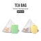 Pyramid Shape Tea Bag Set. Mock Up With Empty Yellow And Green Label. Isolated On White Background. Vector Illustration