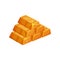 Pyramid from shiny golden ingots. Cartoon icon of gold bars in rectangular shape. Colorful flat vector element for