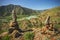 Pyramid of stones on a background of mountains