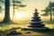 Pyramid stones balance on old mossy fallen tree. Stone pyramid in focus.