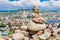 Pyramid of stones and panoramic view of Tbilisi city. Georgia