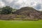 Pyramid in the Tazumal Maya archaeological site under a cloudy sky in El Salvador