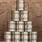 Pyramid of tin cans for can throwing at a fair
