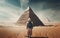 The pyramids and astronaut, in the style of collage-inspired