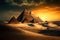 Pyramids in desert at sunset, Cairo, Egypt. Fantasy view, generative AI