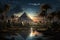 Pyramids in Egypt in ancient times at sunset, fantasy view. Egyptian landscape with palm trees, stone monuments, river and sky.