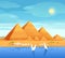 The pyramids of Egypt. Egyptian pyramids on the river. The Cheops Pyramid in Cairo, in Giza. Egyptian stone structures. Vector ill