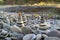 Pyramids made of sea stones on the seashore