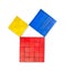 Pythagorean theorem shown with colorful wooden cubes, from above