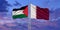 Qatar and Palestine two flags on flagpoles and blue cloudy sky