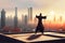 Qigong male Master Practicing Tai chi at sunset with city view and skyscrapers around. Man doing qigong tai chi exercise