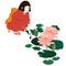 Qing Ming Festival vector illustration of girl with water lily. Asian girl on lotus pond. Water lily or lotus flowers.