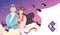 Qixi festival or Tanabata festival - Cartoon cowherd and weaver girl with love gesture in starry night