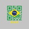 QR code set the color of Brazil flag, a green field with the large yellow diamond and blue globe with National Motto and star