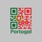 QR code set the color of Portugal flag, 2:3 vertically striped bicolor of green and red, with coat of arms of Portugal centred