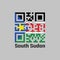 QR code set the color of South Sudanese flag, black red and green with white stripes; with a blue equilateral triangle and gold
