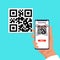 QR wireless payment. Cartoon hand holding smartphones and scanning barcode. Mobile application for transferring money