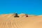 Quad driving people - two happy bikers in sand desert dunes, Africa, Namibia, Namib, Walvis Bay, Swakopmund.