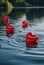 Quad of Hearts: Four Red Heart Balloons Afloat on Water
