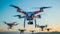 Quadcopter Drones With Lights In Twilight Sky, Focus On Foremost Drone With Camera. AI Generated