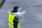 Quadcopter flying over a policeman