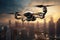 Quadcopter soaring high above an urban skyline, capturing breathtaking aerial views. Cityscape, sunset, drone pilot