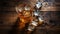 Quadratura Style Whiskey With Ice Cubes On Wooden Table
