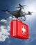 Quadrocopter with first aid kit on clouds sky. 3d illustration