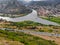 Quadrocopter panorama of the confluence of the Kura and Aragvi rivers