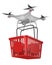 Quadrocopter with shopping basket on white background. Isolated 3d illustration