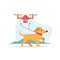 Quadrocopter walks the dog remotely. Cheerful running puppy walks on his own, on leash by flying drone. Vector Flat Art modern.