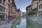 Quai de l`Ile and canal in Annecy old city, France, HDR