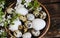 Quail and chiken eggs in a bowl