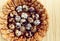 Quail eggs in basket, toned