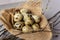 Quail eggs in a burlap nest, next to a tree branch. elegant Easter background, place for text, selective focus.