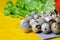 Quail eggs with lettuce on a yellow background, cooking, proper nutrition. Screensaver photo