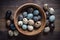 Quail Eggs in a Wooden Bowl on a Wooden Background, Generative AI