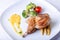 Quail, poultry, bird, chicken, partridge, meat, whole, carcasses, roast, baked, fried, grill, barbecue, orange sauce, mini corn, c