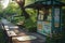 A quaint bus stop in a park setting with benches, a kiosk, and surrounding greenery.