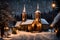 A quaint church in a snowy village with a candlelit Christmas Eve service taking place inside