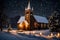 A quaint church in a snowy village with a candlelit Christmas Eve service taking place inside