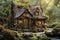 A quaint cottage nestled in a lush, enchanted forest. The cottage, with its thatched roof and ivy-covered stone walls, features a