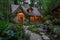 A quaint cottage nestled in a lush, enchanted forest. The cottage, with its thatched roof and ivy-covered stone walls, features a