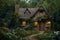 A quaint cottage nestled in a lush, enchanted forest. The cottage, with its thatched roof and ivy-covered stone walls, features a