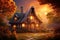 A quaint cottage with smoke curling from its chimney vector fall background