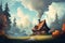 A quaint cottage with smoke curling from its chimney vector fall background