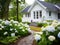 Quaint cottage surrounded by lush hydrangeas and a cobblestone path. Countryside cottage charm concept
