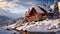 A quaint and cozy cabin surrounded by a picturesque winter wonderland of snow-covered mountains, A rustic log cabin nestled in a